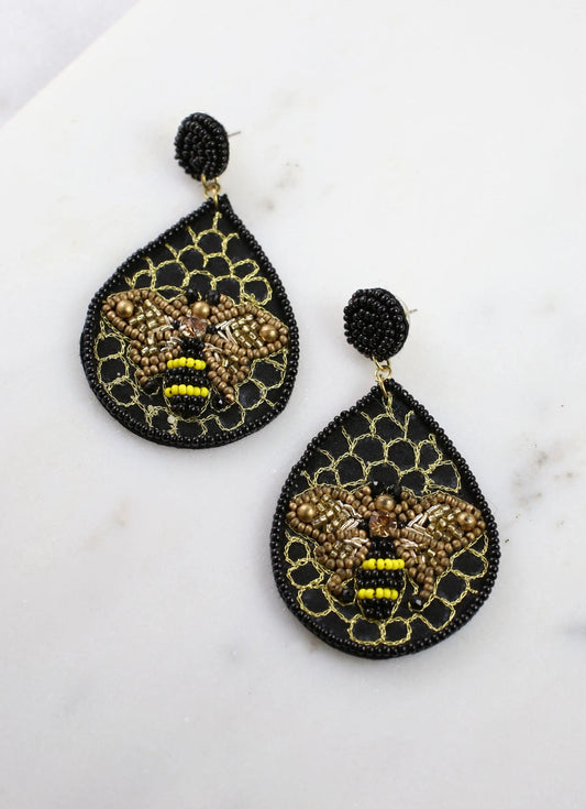Bee Honeycomb Beaded, Gem & Embroidery Earrings