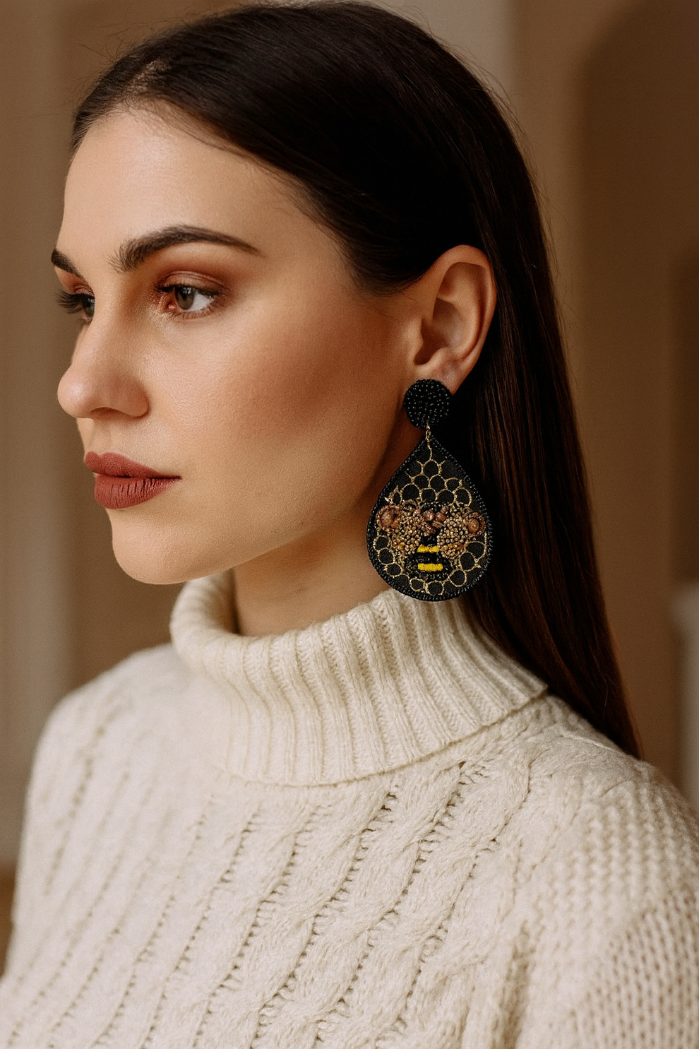 Bee Honeycomb Beaded, Gem & Embroidery Earrings
