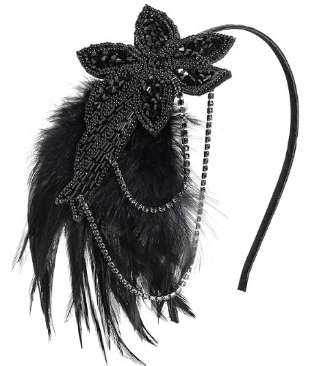 Black Beaded Feather Fascinator Headband