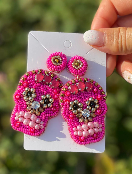 Pink Bead sugar skull earrings